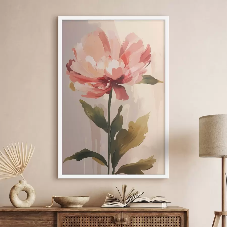 Fototapetes Peonija ar koraļļrozā ziedlapiņām modernā mākslas ilustrācijas stilā f46948