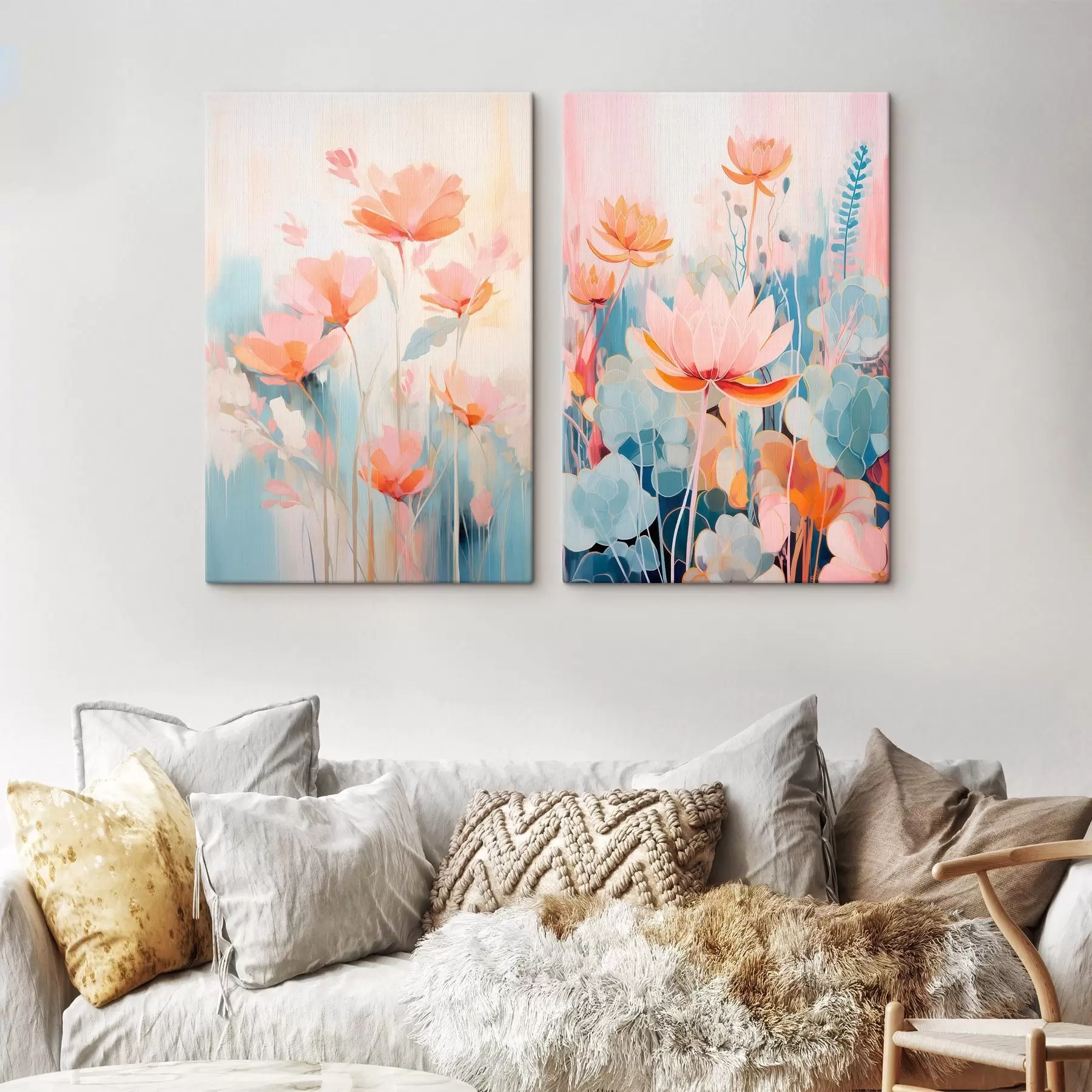 Glezna Ziedu akvareļu harmonija rozā un zilas krāsas toņos m01084