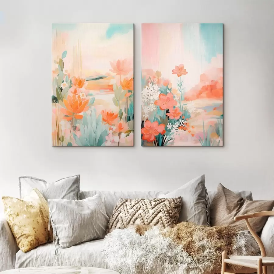 Glezna Ziedu motīvi pasteļtoņos uz gaiša miglas ielejas fona m01085