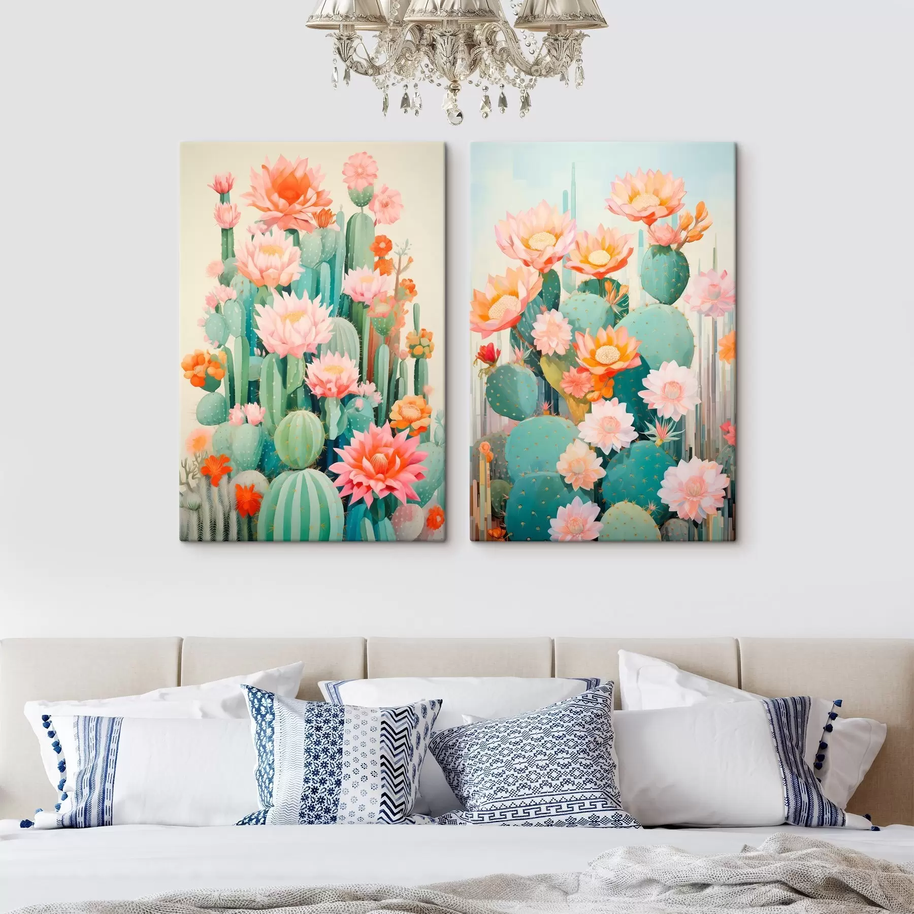 Glezna Kaktusi ar lieliem ziediem, pasteļtoņu krāsu paleti un mieru m01086