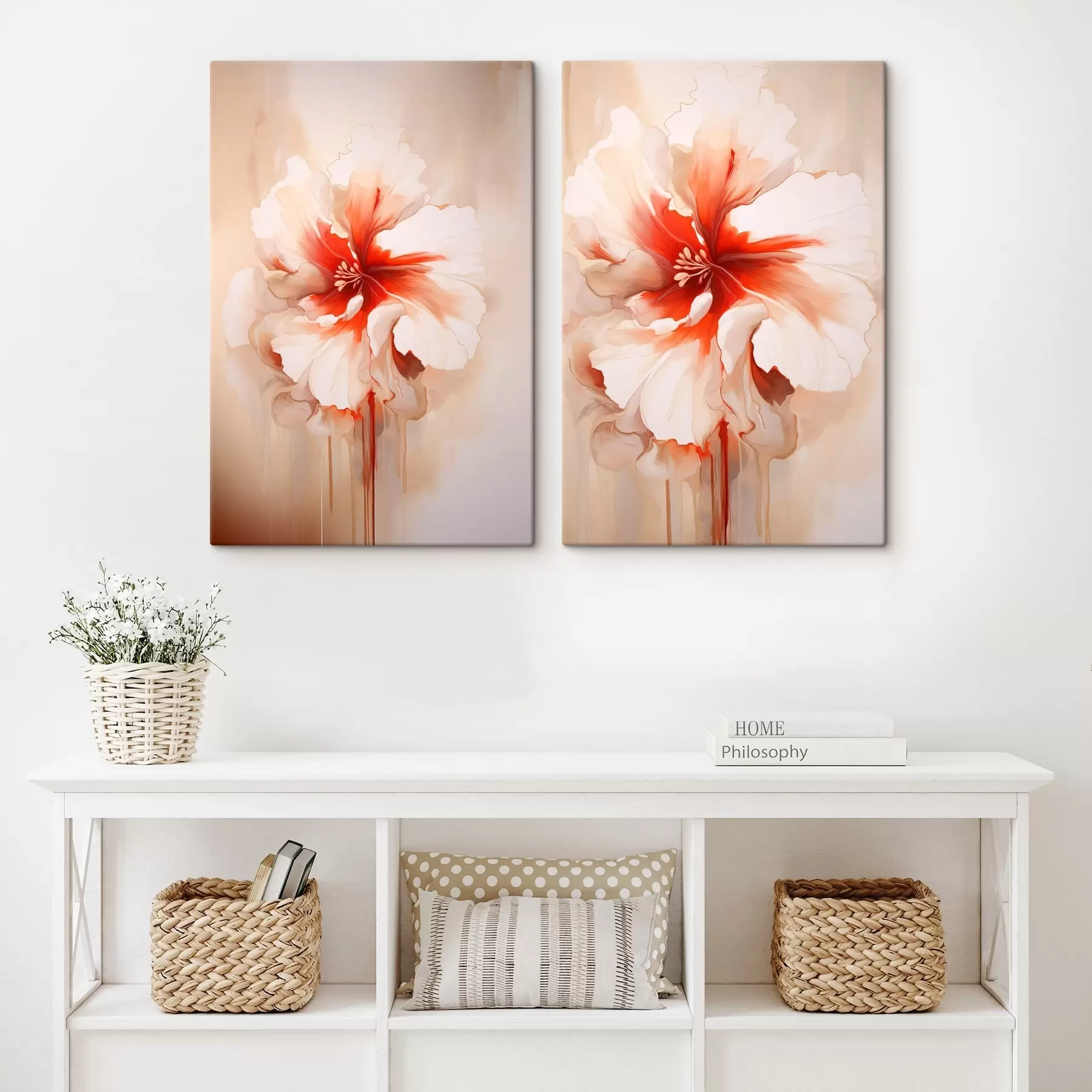 Glezna Baltas koraļļu ziedlapiņas uz abstraktā fona, mierīga kompozīcija m01089