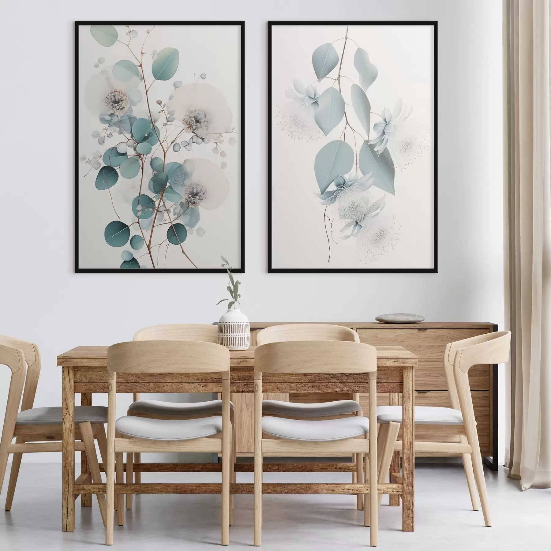 Fototapetes Eikalipta zariņš ar zilām lapām un baltiem ziediem, gaišs fons d00829