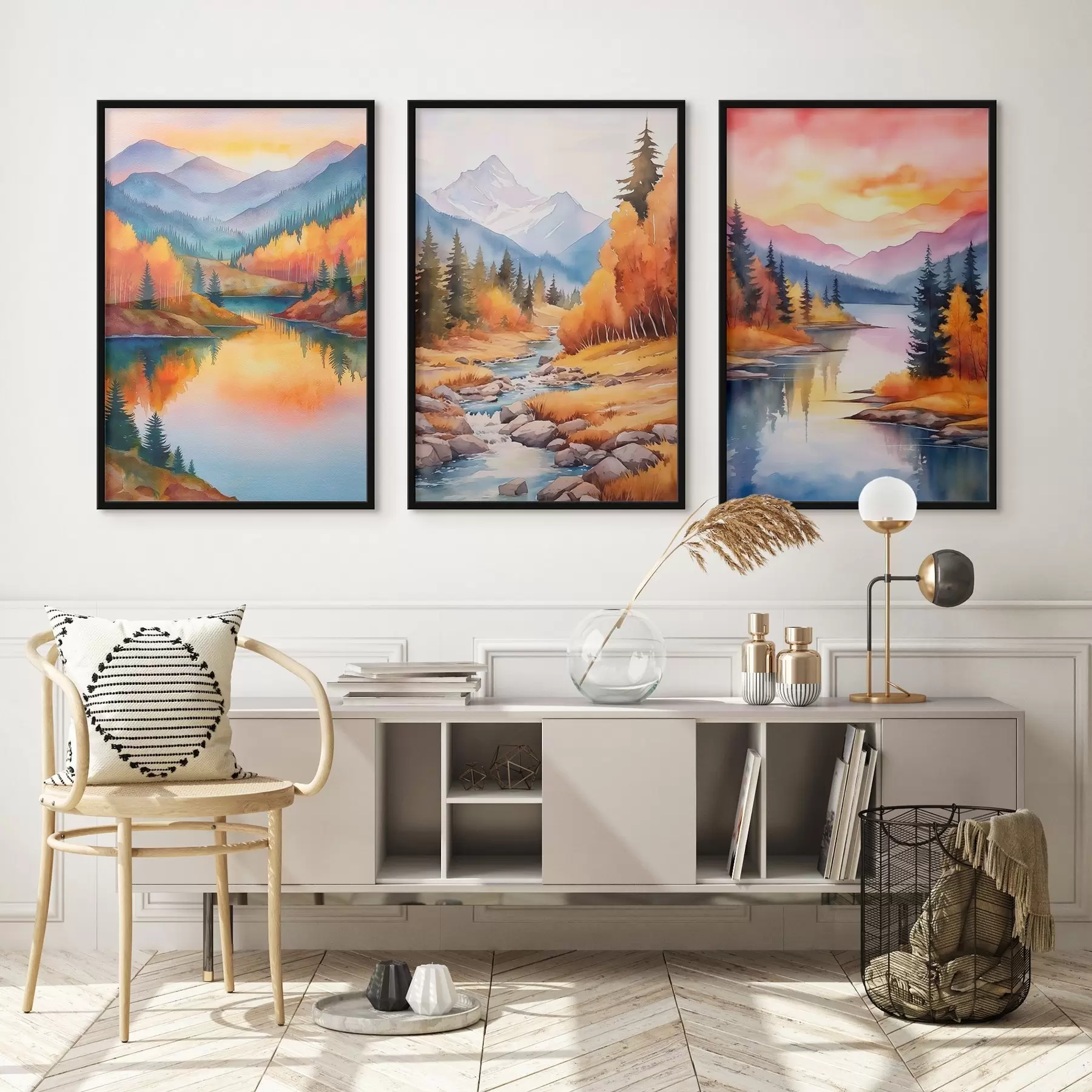 Fototapetes Rudens kalnu ainava siltos saulrieta toņos d00930