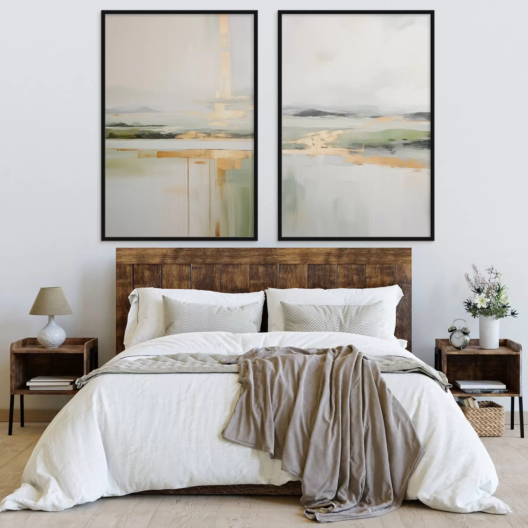 Fototapetes Abstrakts ainavas attēls ar dzelteniem akcentiem, minimālistiska zemes, ūdens un debesu kompozīcija ar klusinātiem toņiem d00877