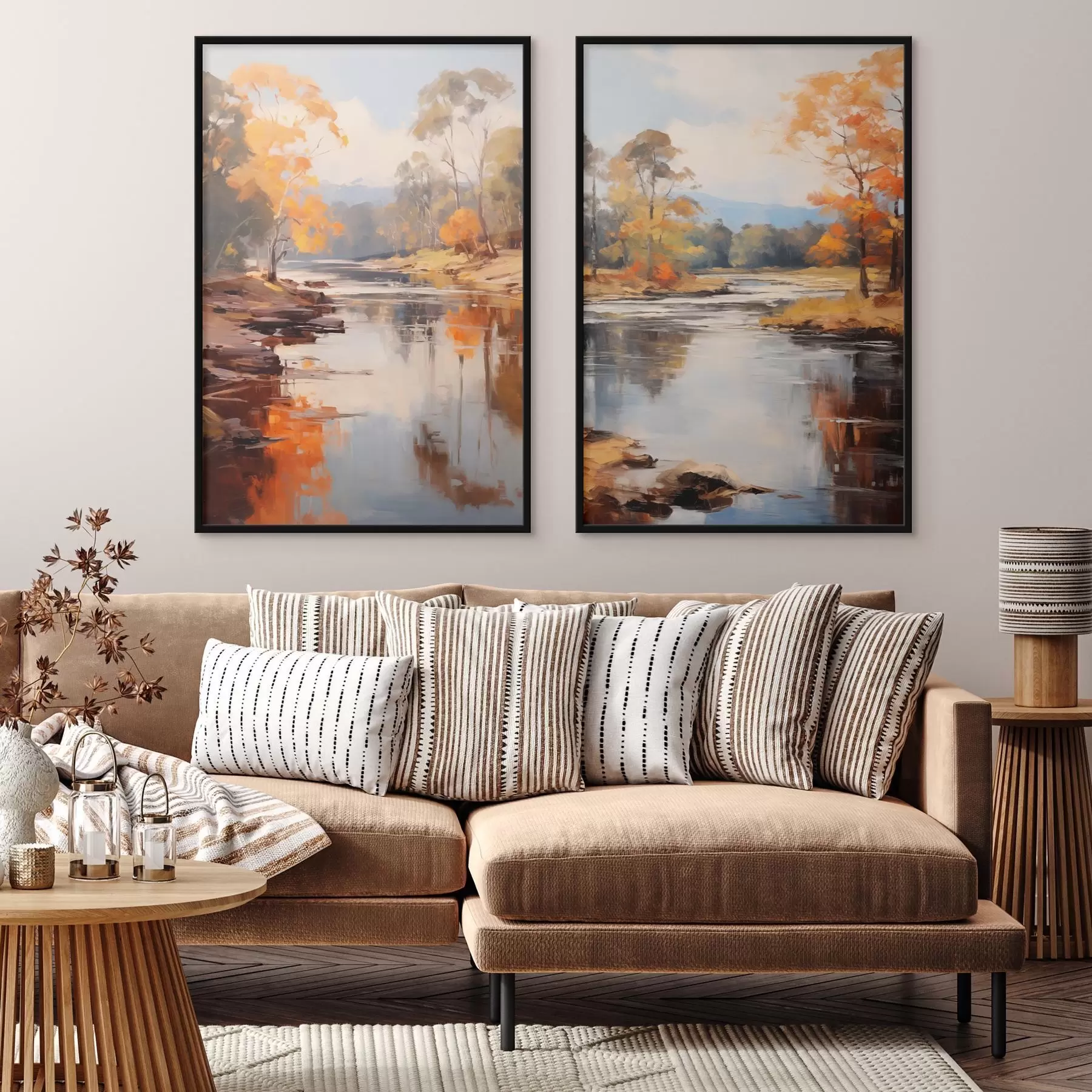 Fototapetes Rudens ainava, upe ar kokiem krastā, mežs fonā, atspoguļojumi uz ūdens d00883