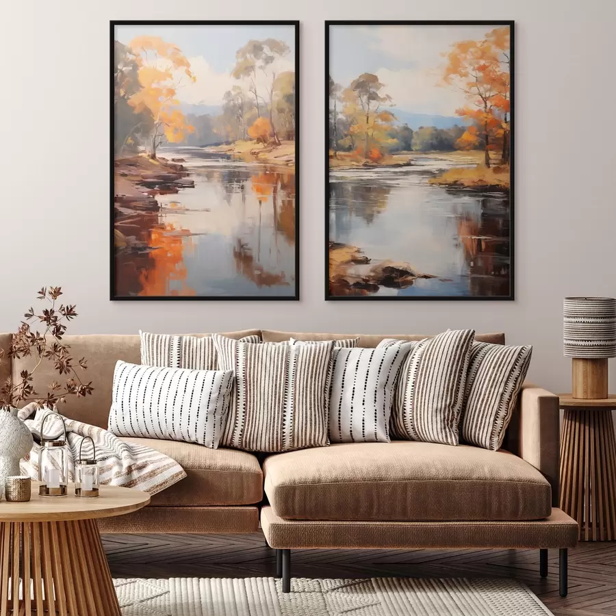 Fototapetes Rudens ainava, upe ar kokiem krastā, mežs fonā, atspoguļojumi uz ūdens d00883