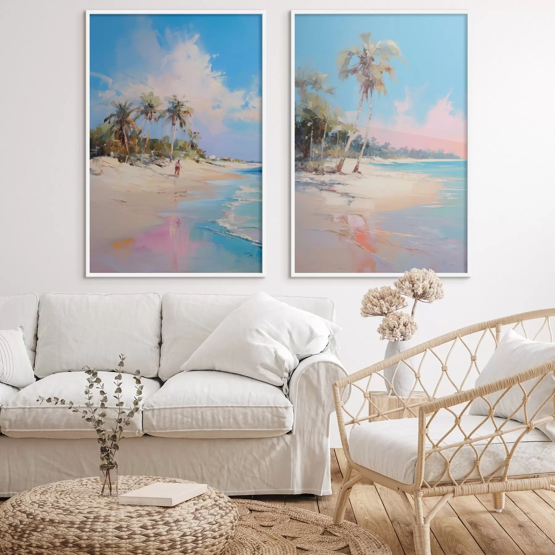 Fototapetes Abstrakts ainava, pludmale ar palmu kokiem, gaiša saulaina diena ar zilu debesi un dažiem mākoņiem d00885