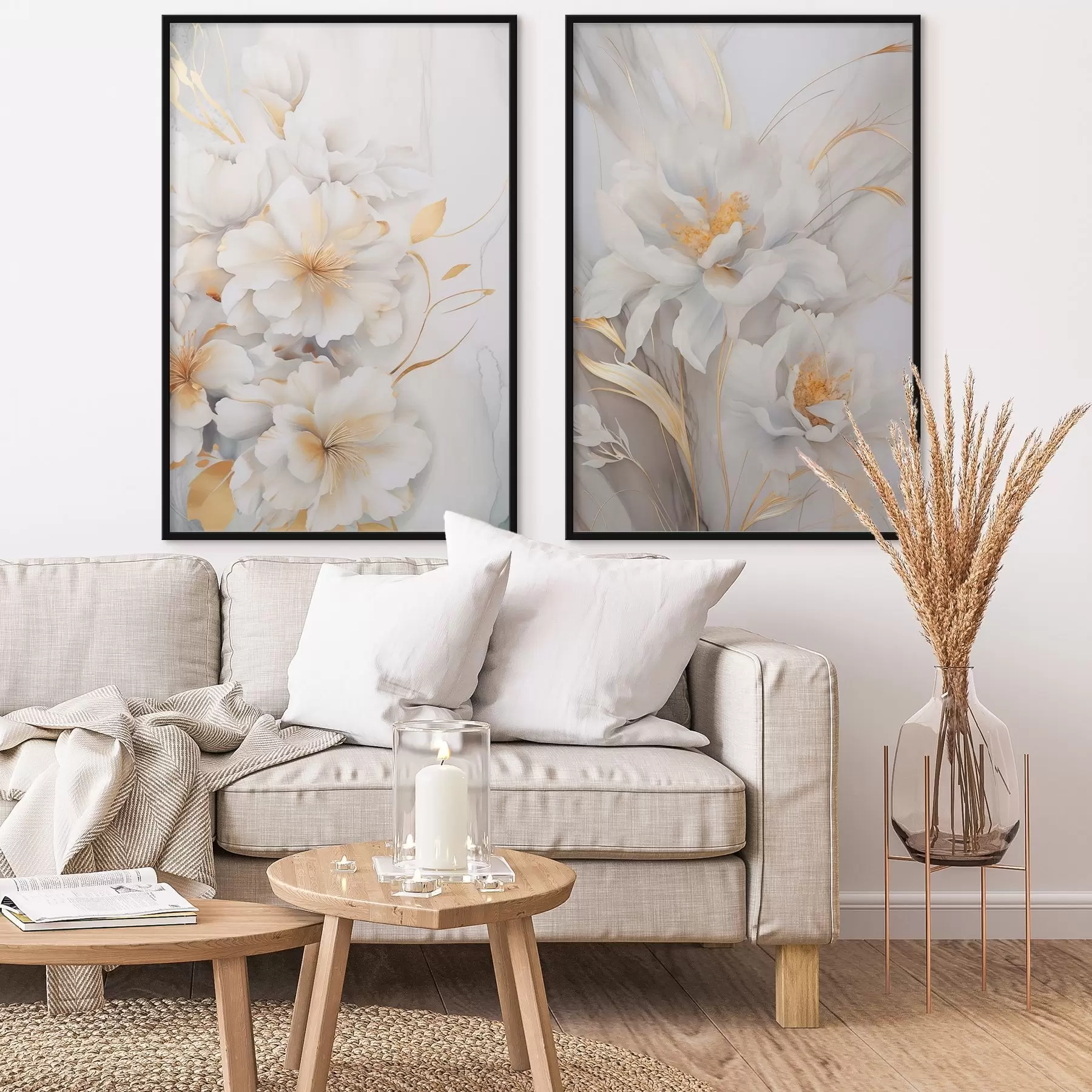 Fototapetes Baltas ziedi ar dzelteniem akcentiem, ziedlapiņas ar smalkiem ēnām, gaišs fons ar smalku marmora efektu d00889