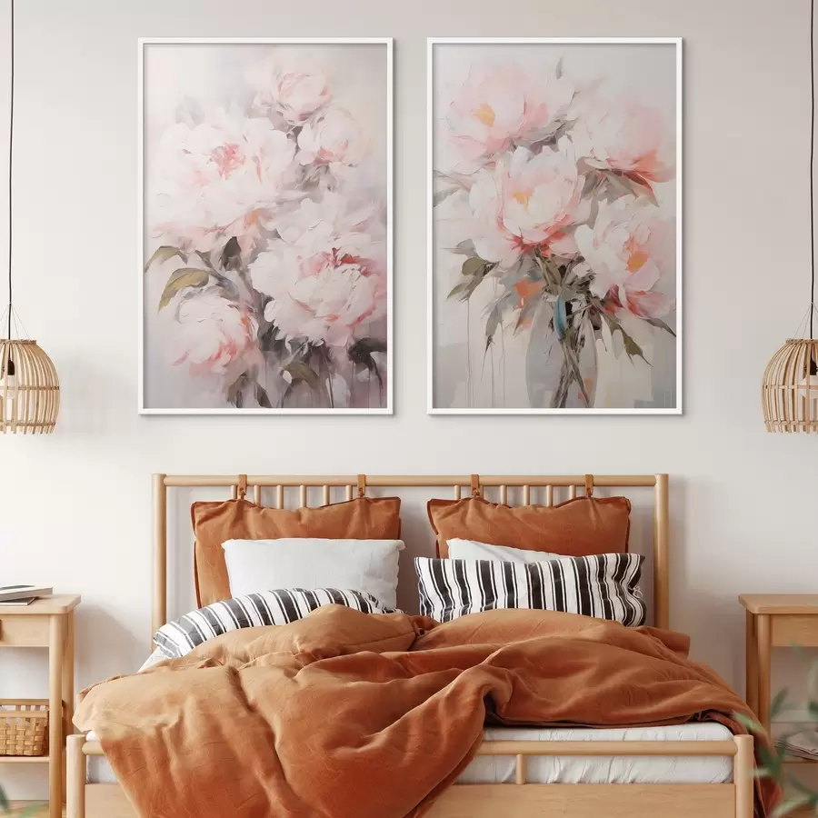 Fototapetes Gaiši rozā peoniju pušķis ar zaļām lapām, maigi triepieni, pasteļtoņi, uz gaiša fona d00890