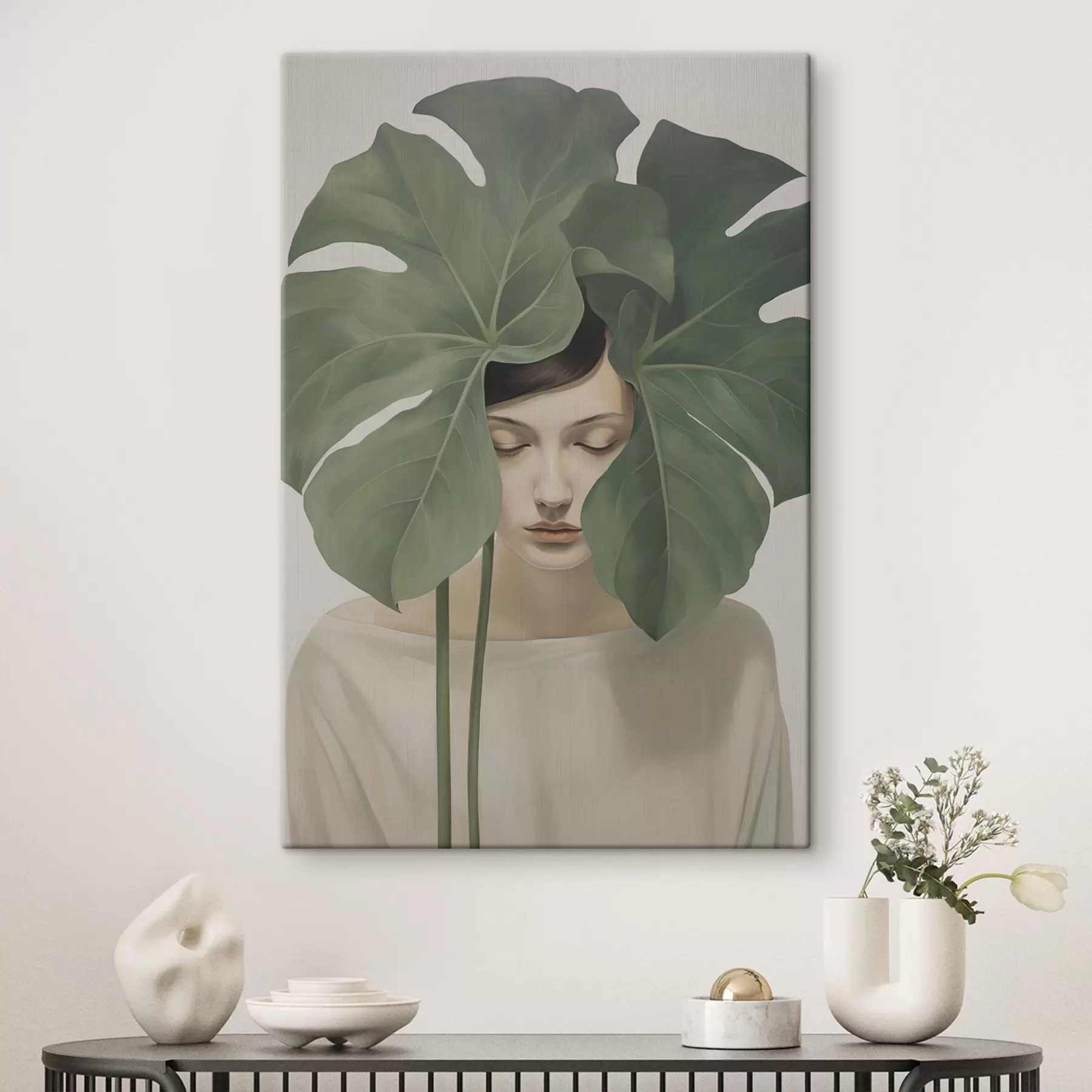 Glezna Meitene ar tropu lapām s47335