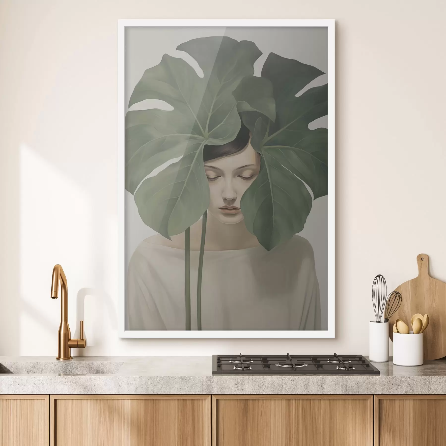 Fototapetes Meitene ar tropu lapām f47335