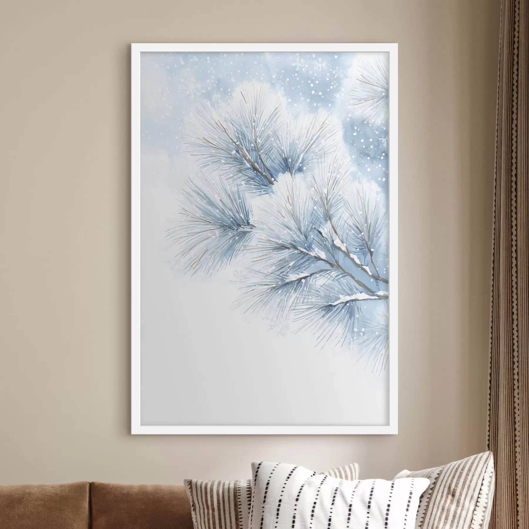 Fototapetes sniega klāta priežu zaru akvareļa stilā f47114