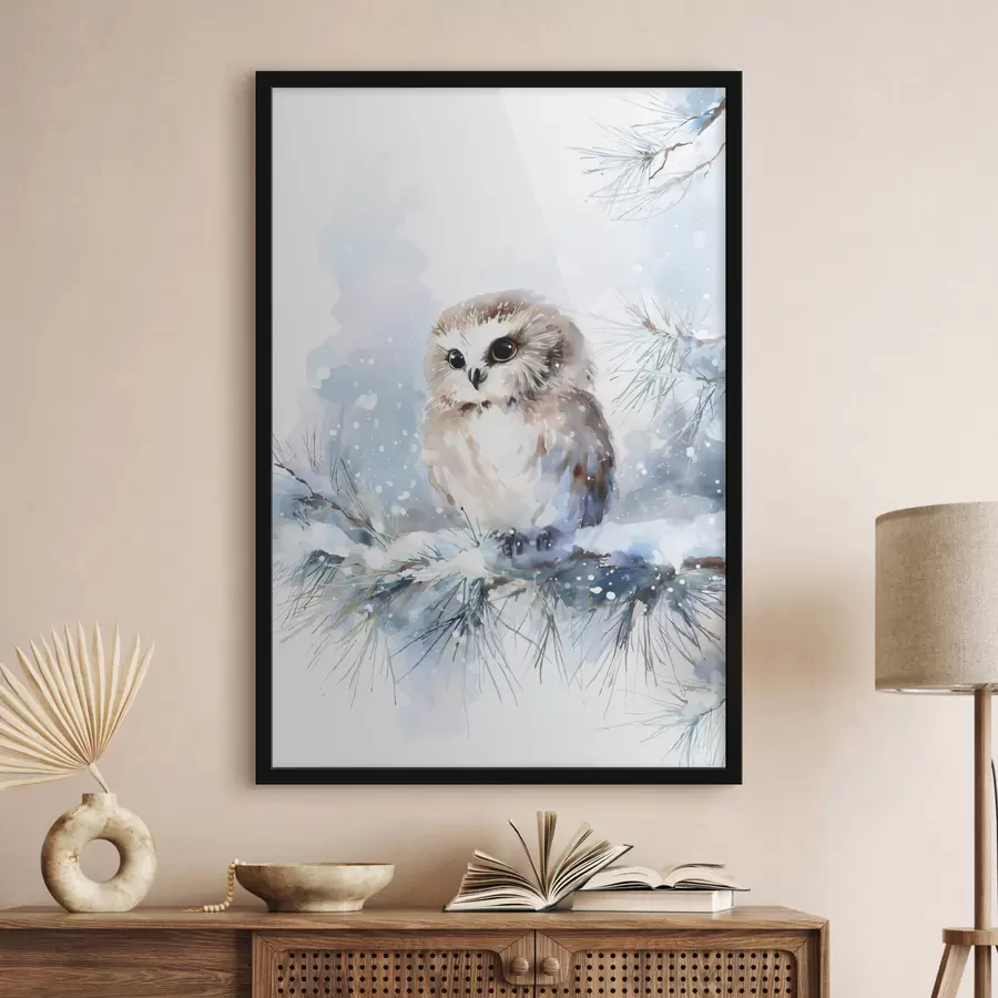 Fototapetes mīlīga pūce uz sniega klāta priežu zara akvareļa stilā f47115