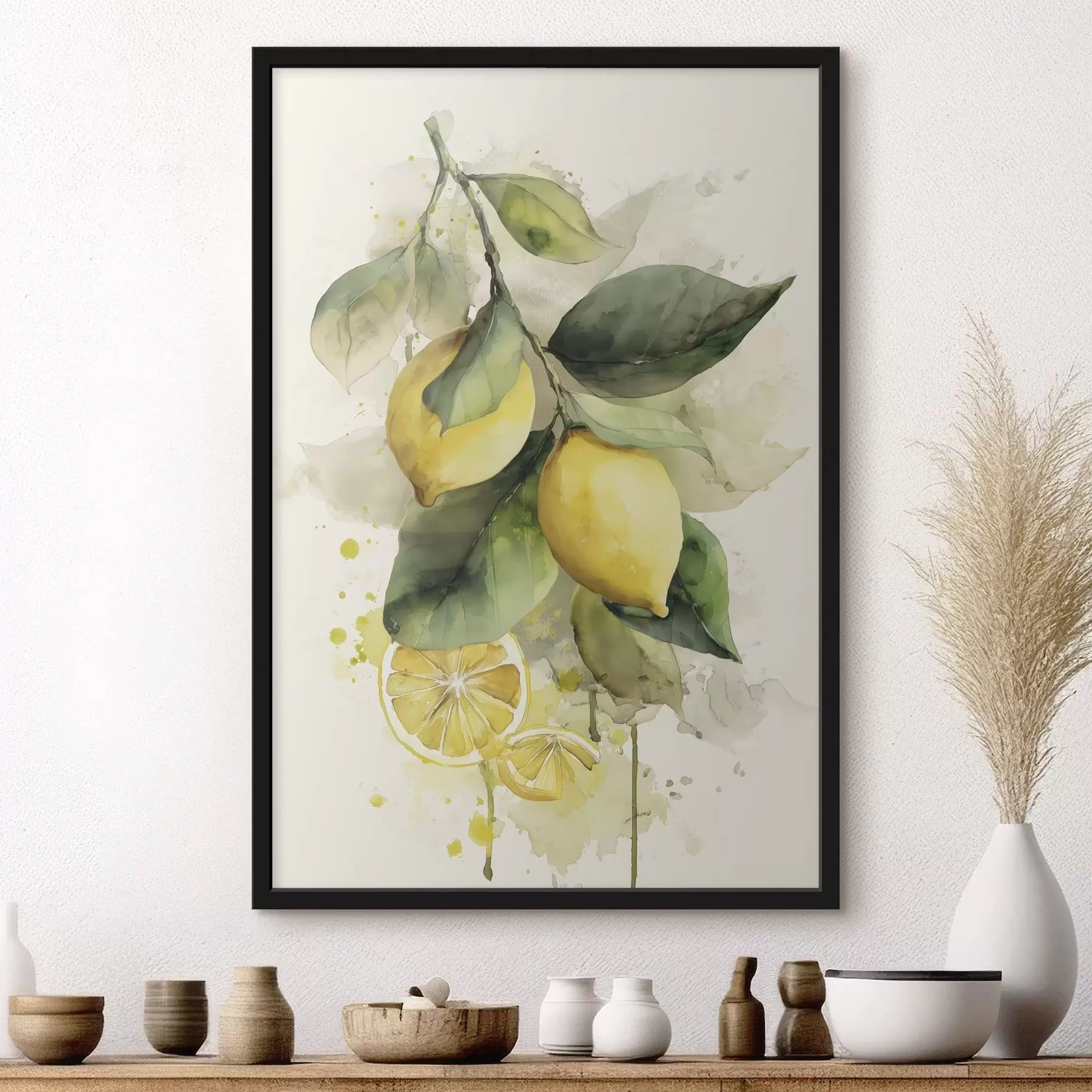 Fototapetes akvareļa stilā zīmēta zaru ar citroniem f47123