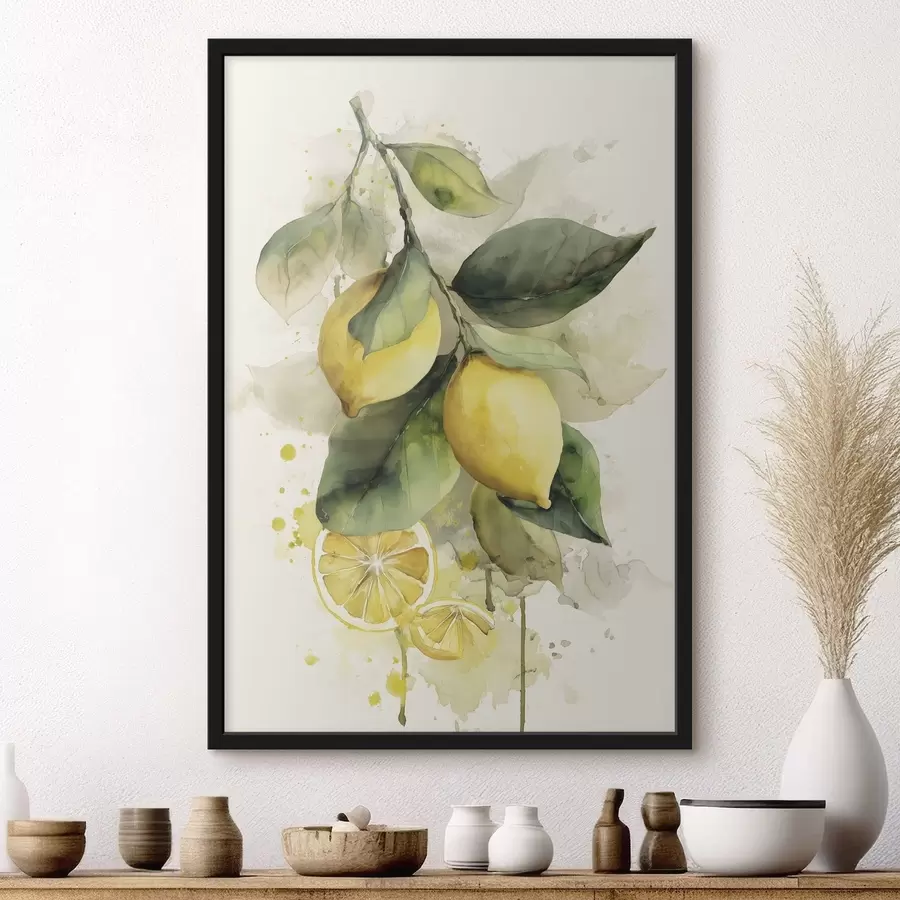 Fototapetes akvareļa stilā zīmēta zaru ar citroniem f47123