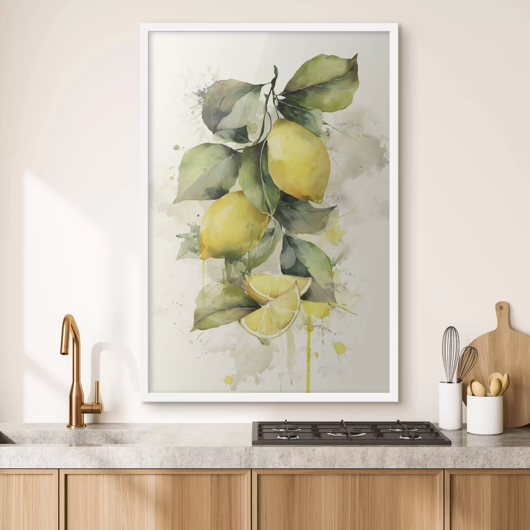Fototapetes akvareļa stilā zīmēta zaru ar citroniem f47124