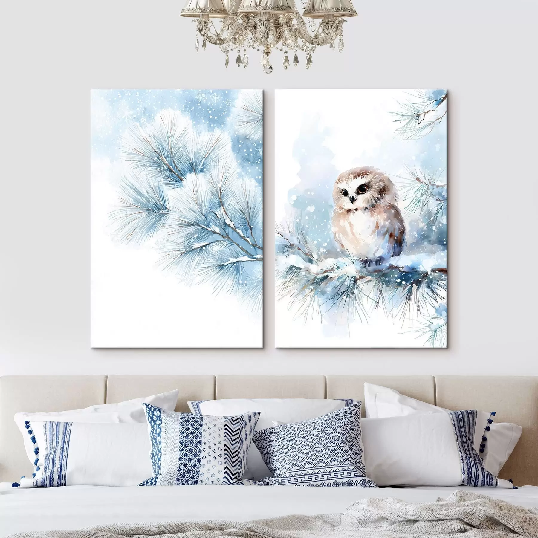 Glezna mīlīga pūce uz sniega klāta priežu zara akvareļa stilā m01168