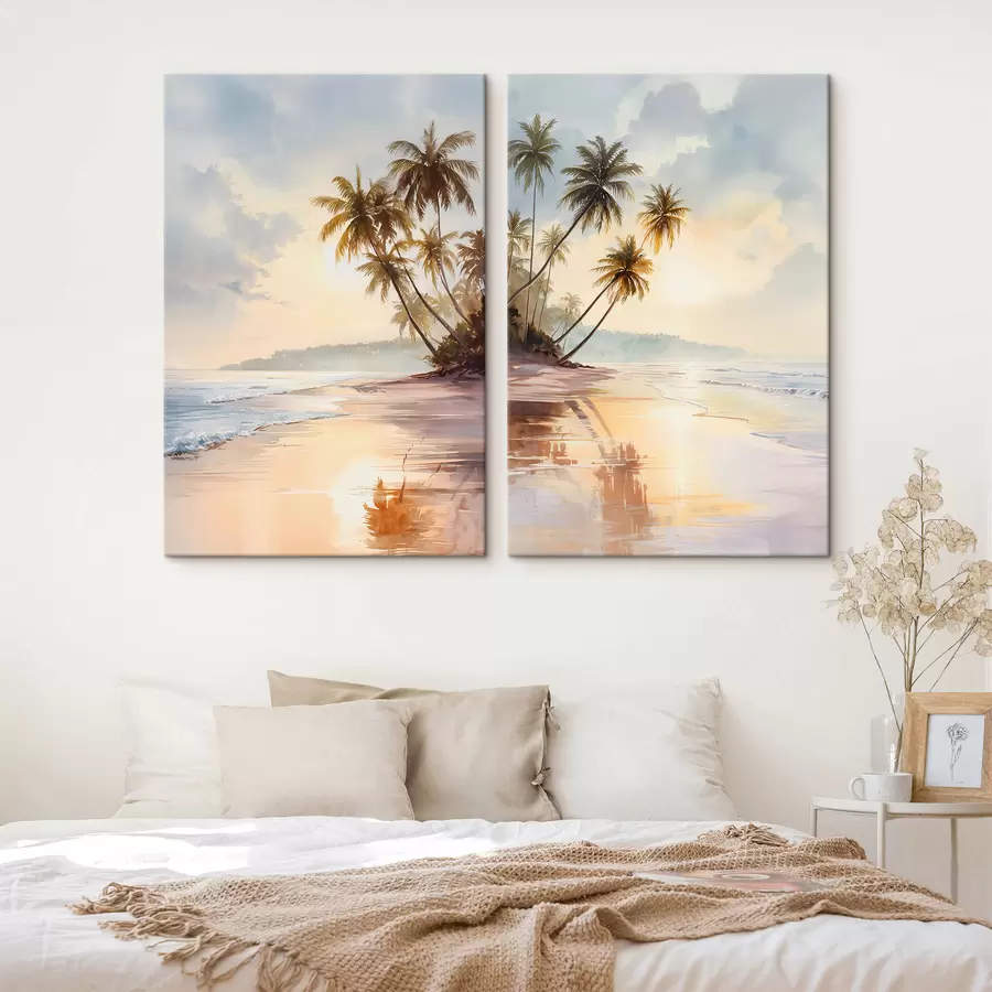 Glezna saulrieta pludmale uz salas akvareļa stilā m01177