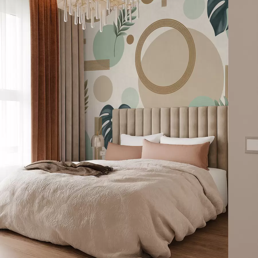 Fototapetes Ģeometrisks raksts ar lapām zaļā krāsu gamā w05018v1