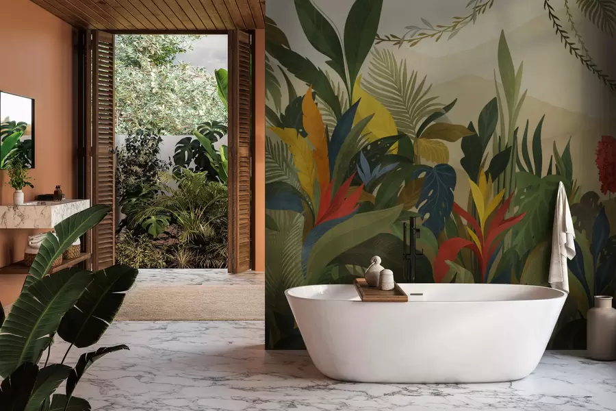 Fototapetes Tropu augi ar lielām lapām un ziediem w05019