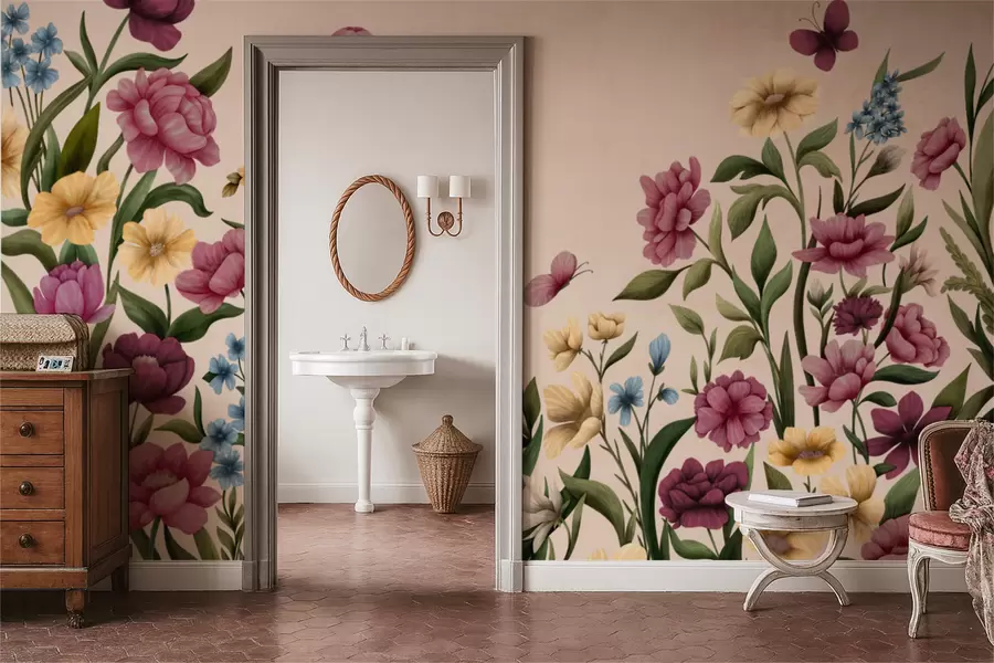 Fototapetes Ziedu kompozīcija ar augiem un tauriņiem uz gaiša fona w05072