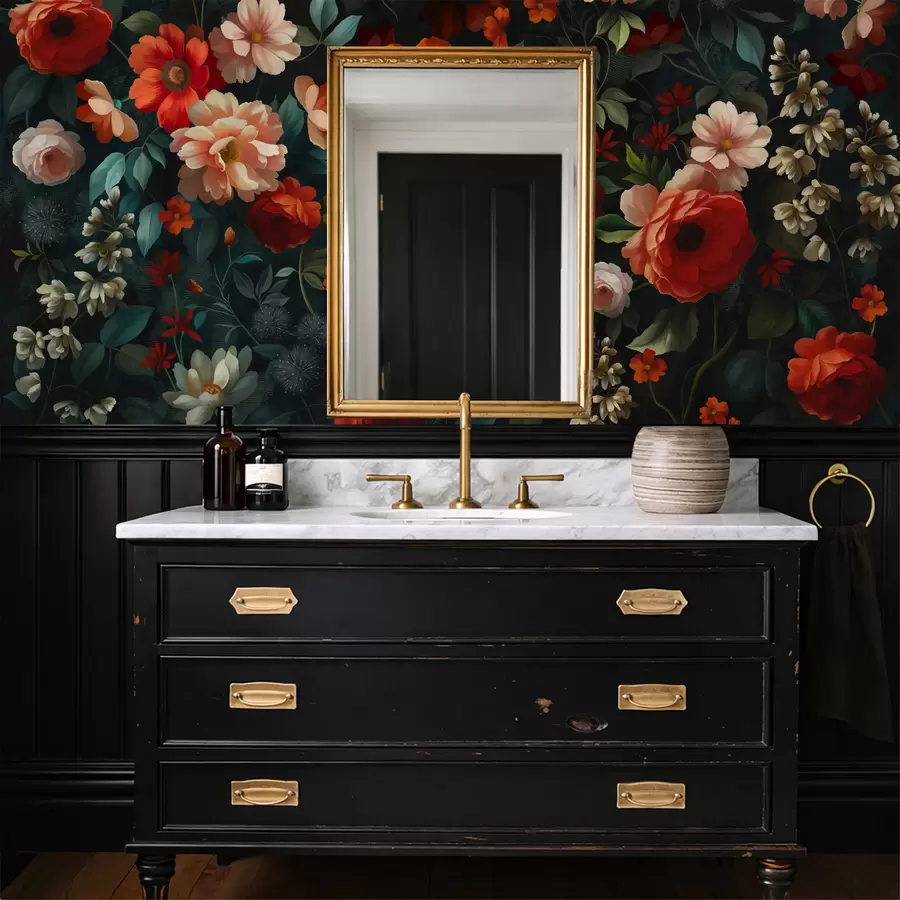 Fototapetes Tumšs ziedu raksts ar krāšņiem dārza ziediem w05087