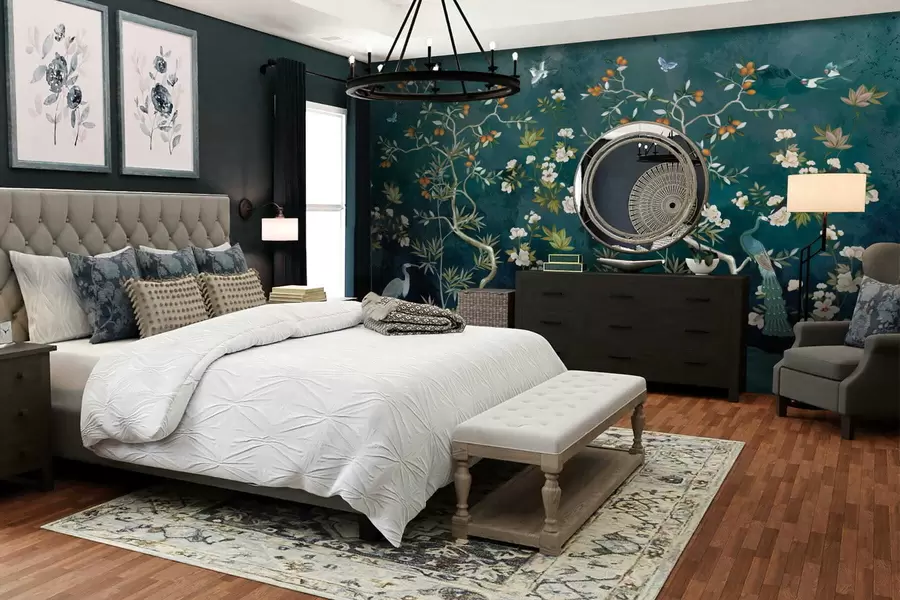 Fototapetes Dekoratīva aina ar kokiem, ziediem un putniem uz tumša fona w05004