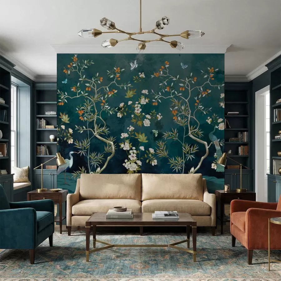 Fototapetes Dekoratīva aina ar kokiem, ziediem un putniem uz tumša fona w05004