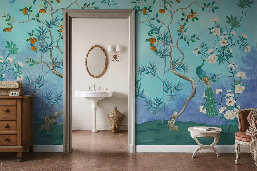 Fototapetes Aina ar kokiem, ziediem un putniem, zils fons w05004v2