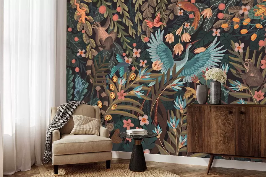 Fototapetes Fantāzijas aina ar putniem un dzīvniekiem starp augiem w05024