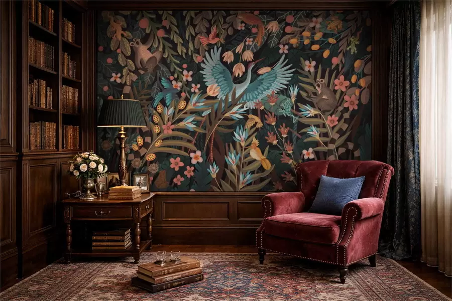 Fototapetes Fantāzijas aina ar putniem un dzīvniekiem starp augiem w05024