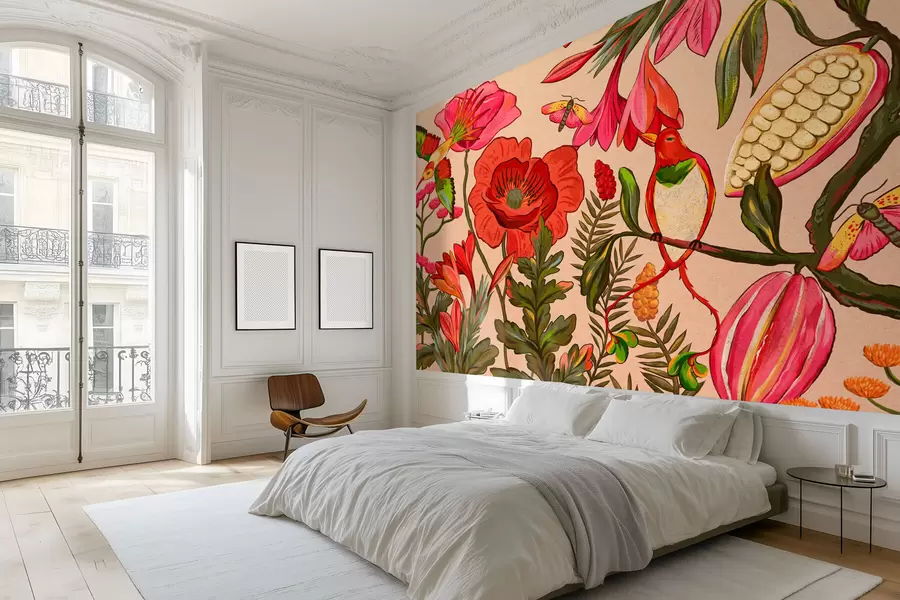 Fototapetes Dekoratīvi ziedi un putni uz smilškrāsas fona w05036