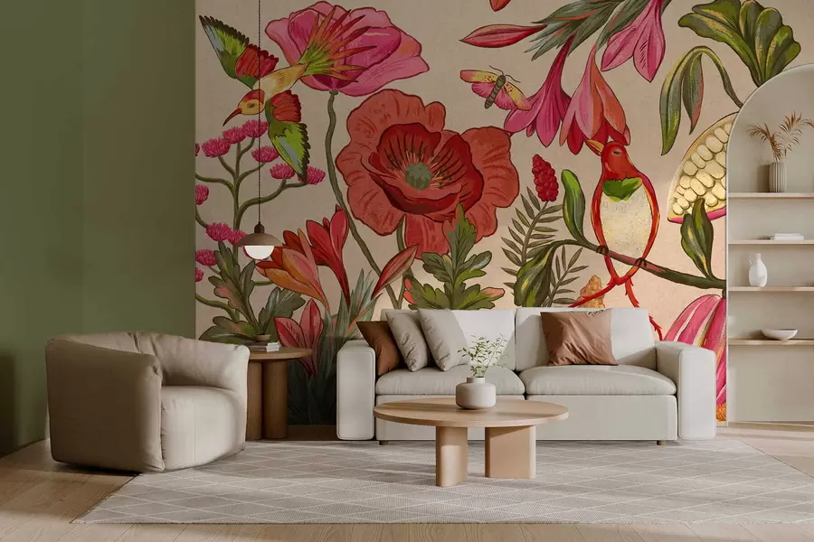 Fototapetes Dekoratīvi ziedi un putni uz smilškrāsas fona w05036