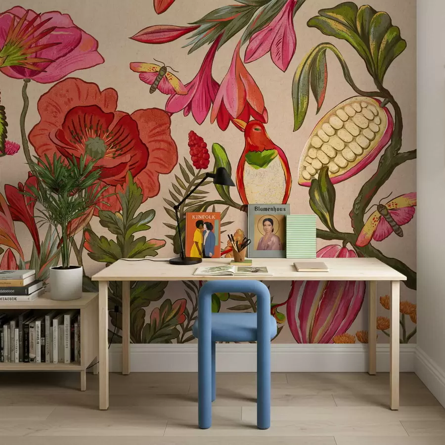 Fototapetes Dekoratīvi ziedi un putni uz smilškrāsas fona w05036