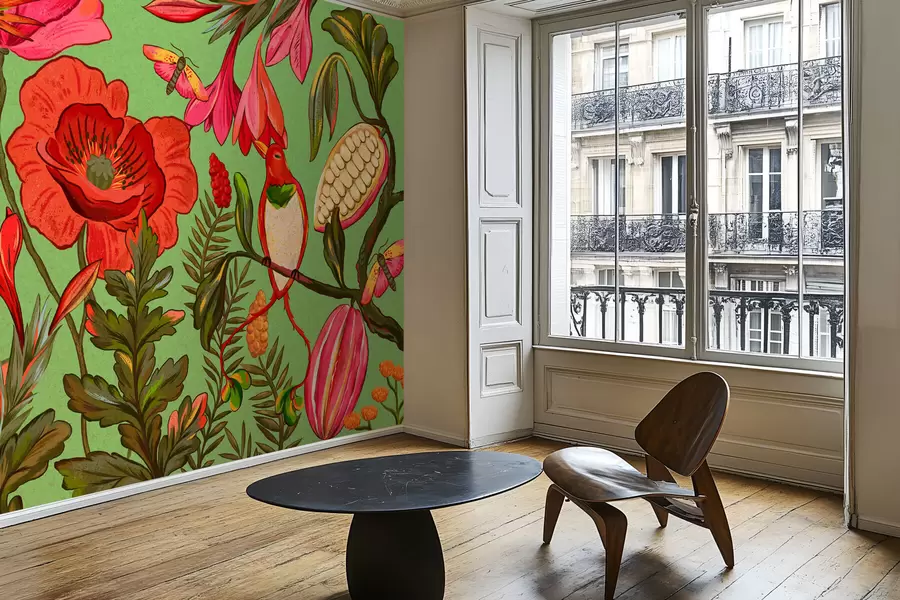 Fototapetes Dekoratīvi ziedi un putni uz zaļa fona w05036v1