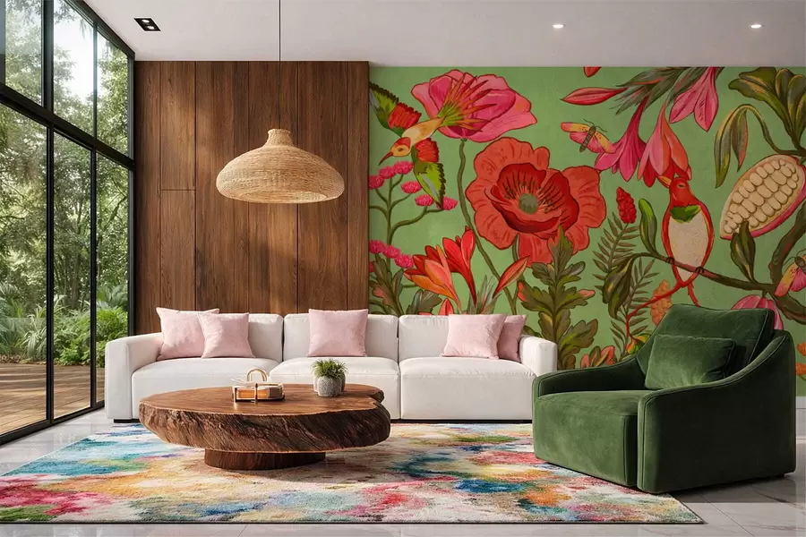 Fototapetes Dekoratīvi ziedi un putni uz zaļa fona w05036v1