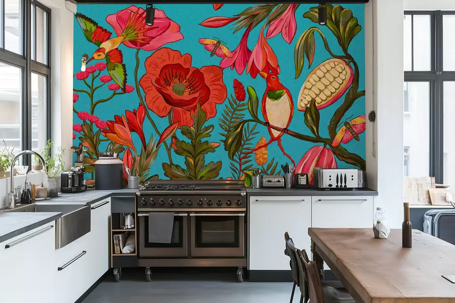 Fototapetes Dekoratīvi ziedi un putni uz zila fona w05036v3