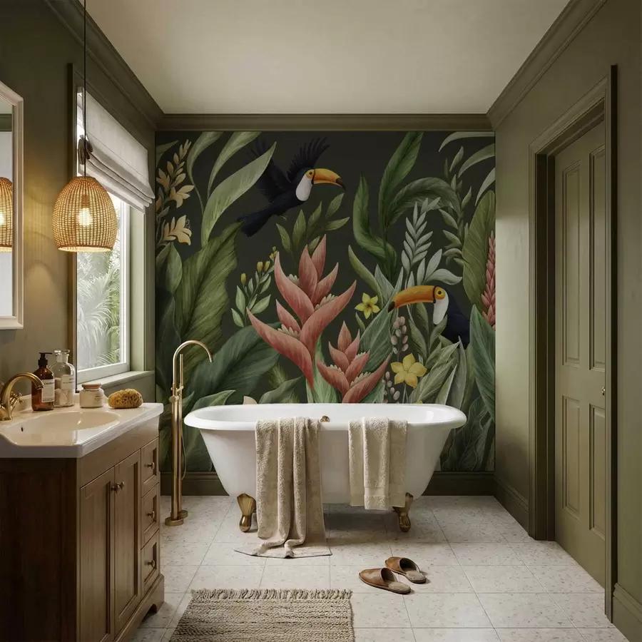 Fototapetes Tropu lapotne un lielknābju putni uz tumša fona w05088