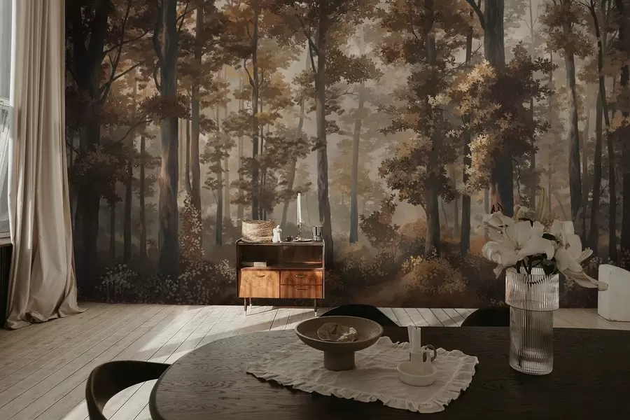 Fototapetes Rudens meža ainava ar siltu gaismu un blīviem kokiem w05089v1