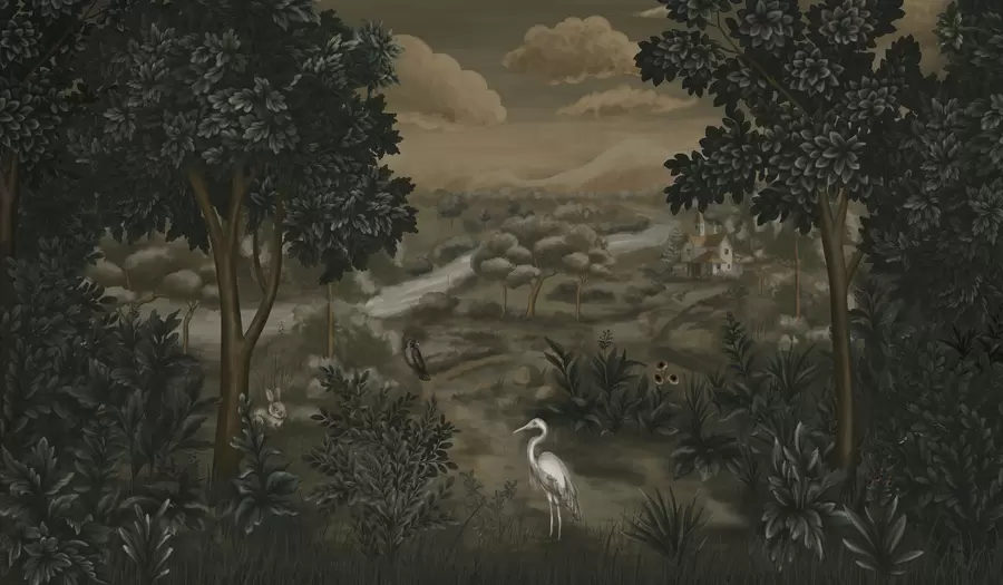 Fototapetes Fantāzijas ainava ar upi, māju un putniem koku vidū w05090