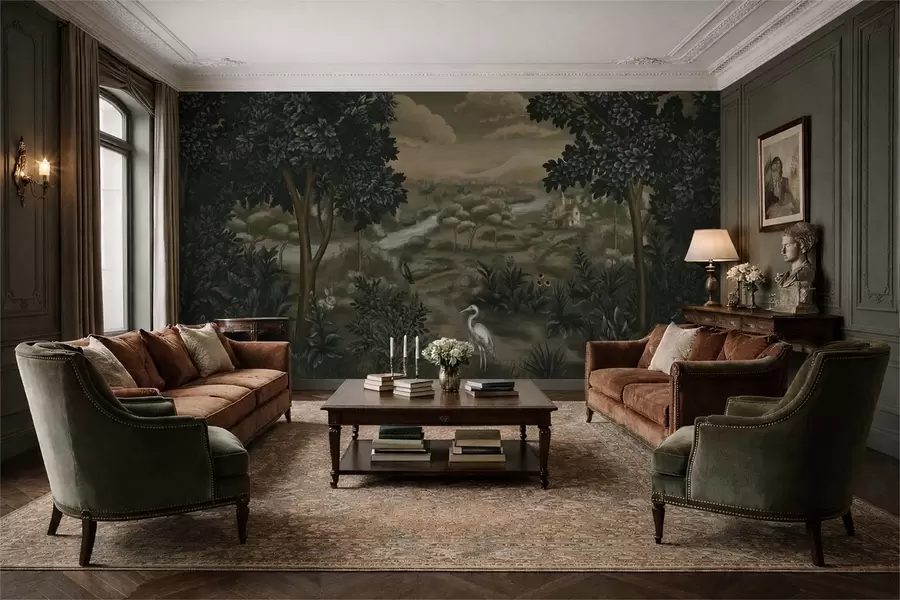 Fototapetes Fantāzijas ainava ar upi, māju un putniem koku vidū w05090