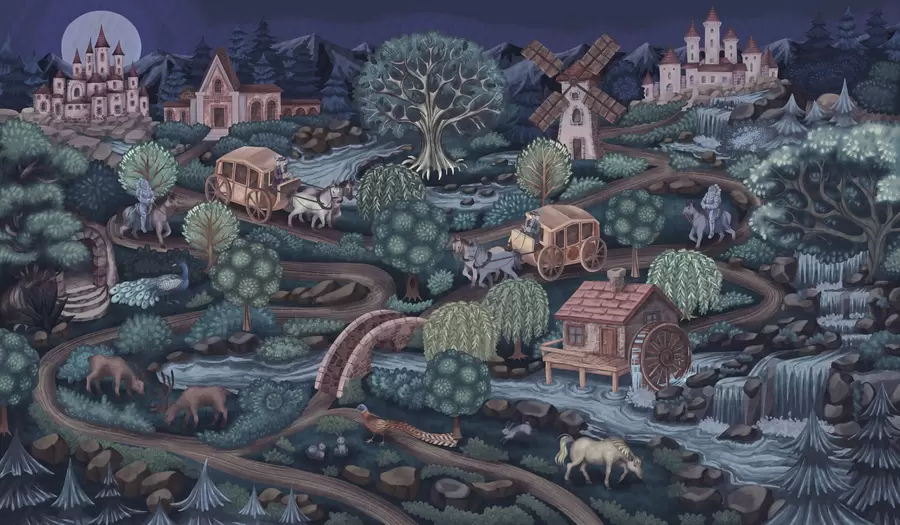 Fototapetes Nakts pasaku aina ar pilīm, dzirnavām un mežu w05091