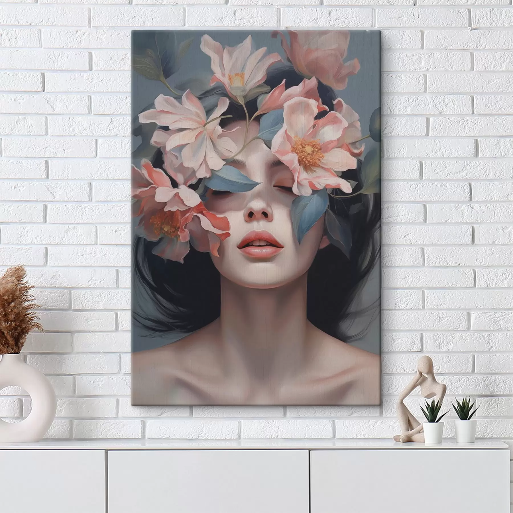 Glezna Abstrakts sievietes portrets ar ziediem s47488
