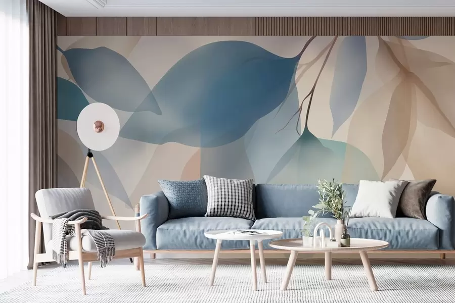 Fototapetes elegantas puscaurspīdīgas lapas zilas un smilškrāsas toņos w05060