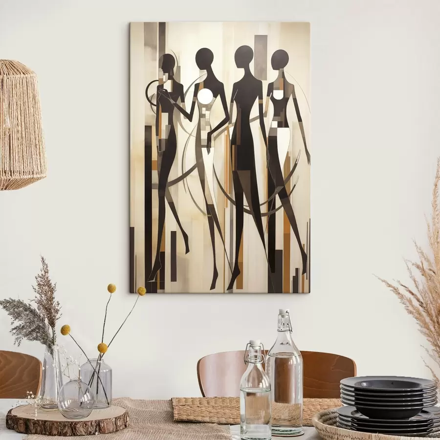 Glezna Stilizētas sieviešu figūras ar ģeometriskiem elementiem uz abstraktā vertikālo līniju fona s47423