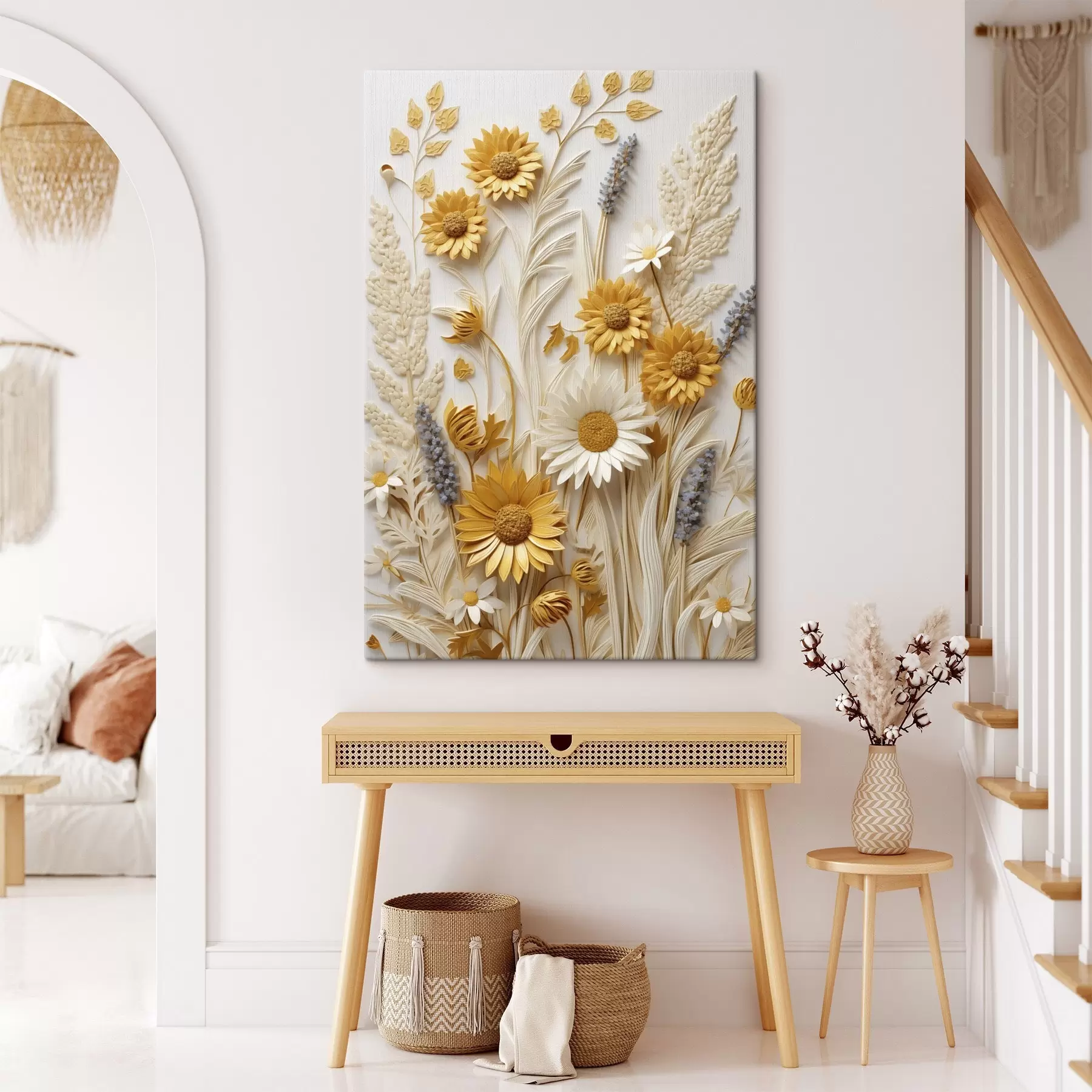Glezna Teksturēta dzelteno un balto margarīšu kolekcija ar žāvētiem zāles stiebriem un lavandas zariņiem uz balta fona s47430