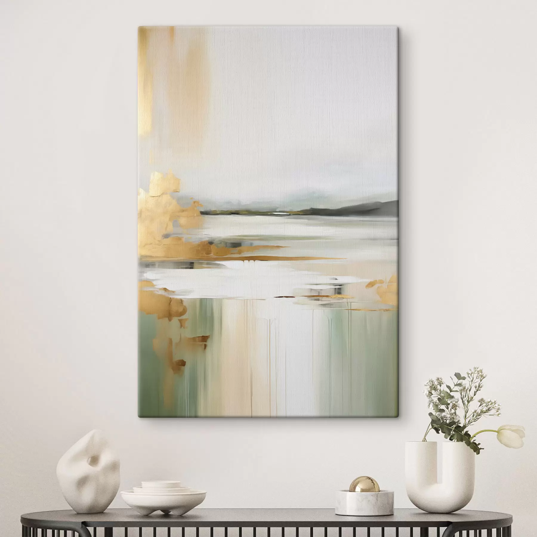 Glezna Abstrakts ainavas ar dzelteniem un zaļiem toņiem, ūdens, kas atspoguļo debesis un tālas kalnus, bāls, miglains debesis s47438