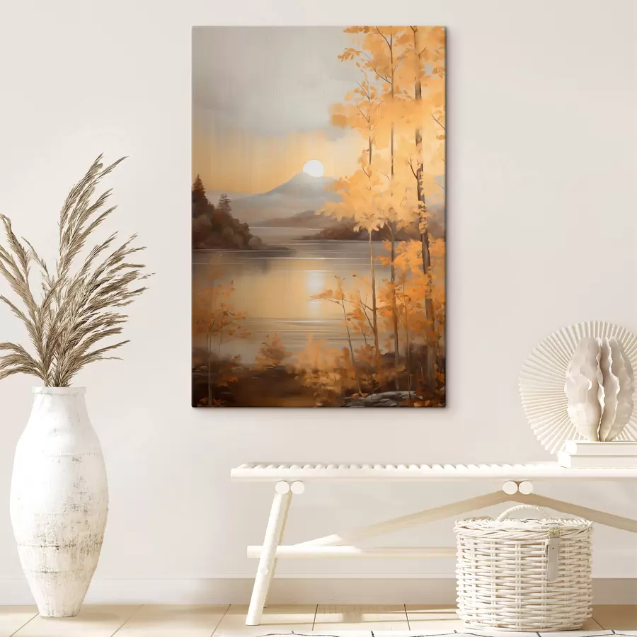 Glezna Rudens teksturēti koki ar oranžām lapām ierāmē mierīgu ezeru ar tālumā redzamām kalnām zem apmākušām debesīm. s47440