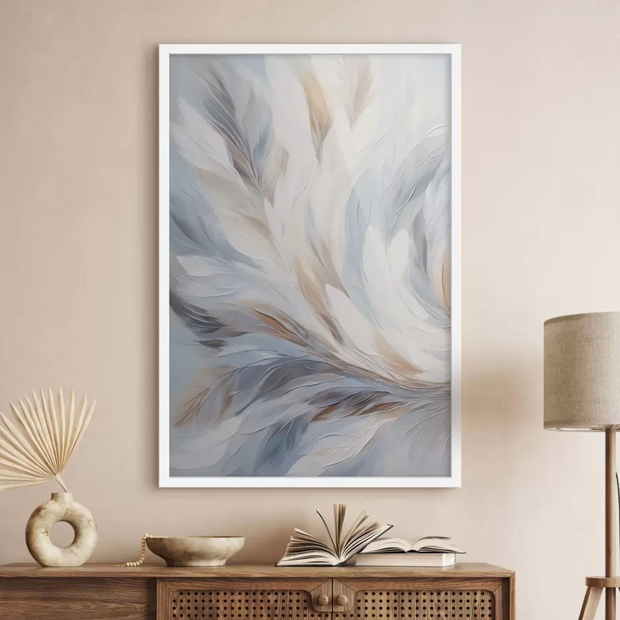 Fototapetes Abstrakta glezna ar spalvām baltā, zilā un brūnā krāsā, ar maigu, plūstošu faktūru un gaišu fonu. f47417