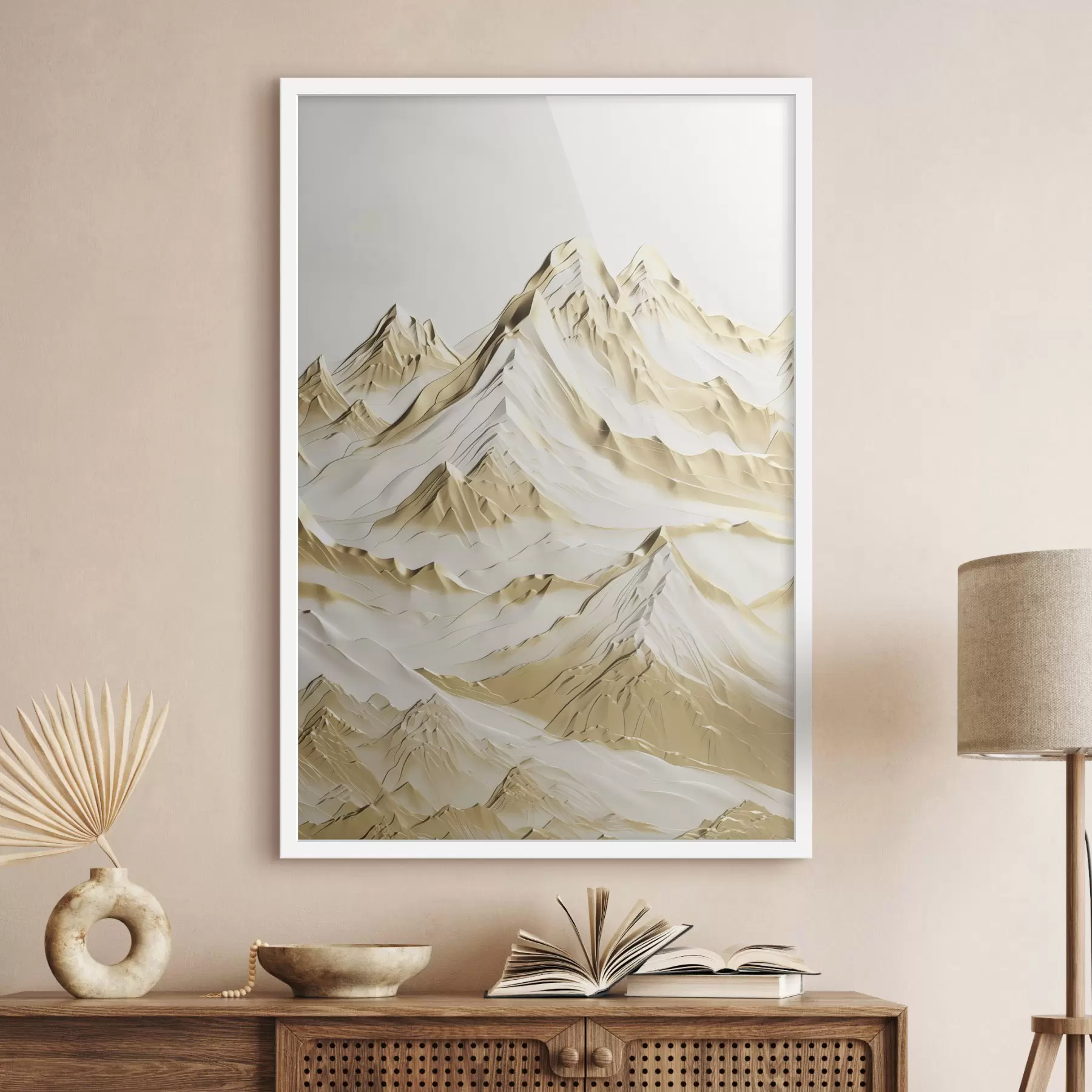 Fototapetes Dzeltena, sniega klāta kalnu ainava ar asiem virsotnēm un dziļām ielejām zem gaiša debesu velves f47420